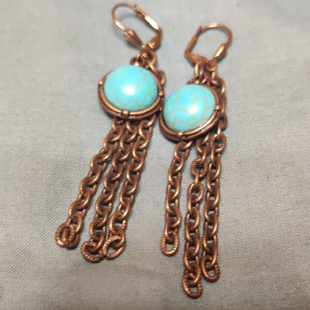 Brass Tone Faux Turquoise Dangle Earrings